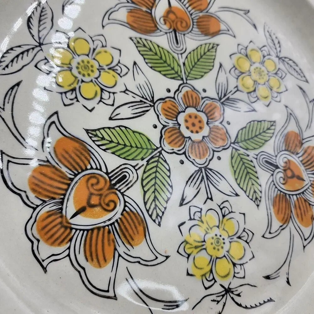 Vintage 70s Quasar Stoneware MCM Flowers Orange Brow Flowers Retro Round Platter